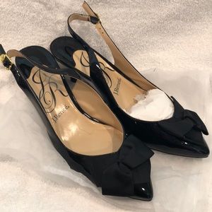 Black patent leather shoes.